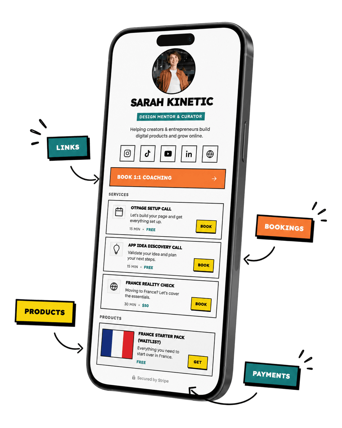 OTpage — profile page on mobile showing links, bookings and products